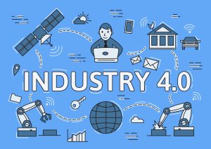 Industry 4.0 explained. Concept flat vector illustration on blue background.