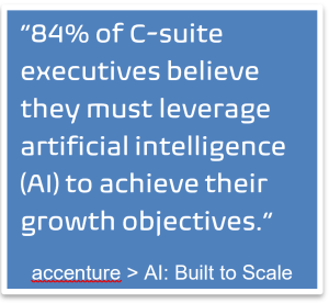 “84% of C-suite executives believe they must leverage artificial intelligence (AI) to achieve their growth objectives.” accenture > AI: Built to Scale
